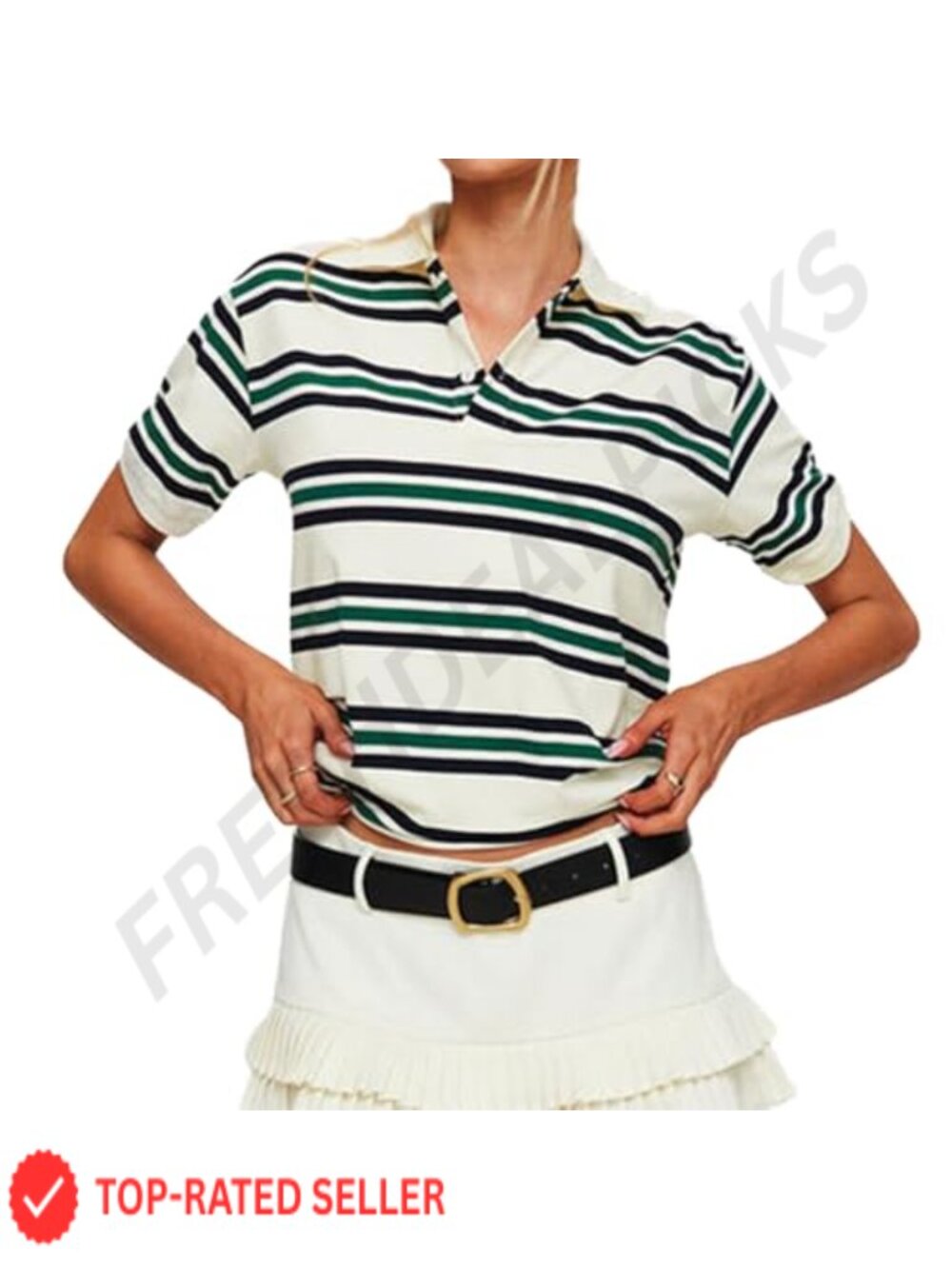 Womens Y2K Rugby Polo Shirt Striped Short Sleeve Button V Neck Preppy Grunge